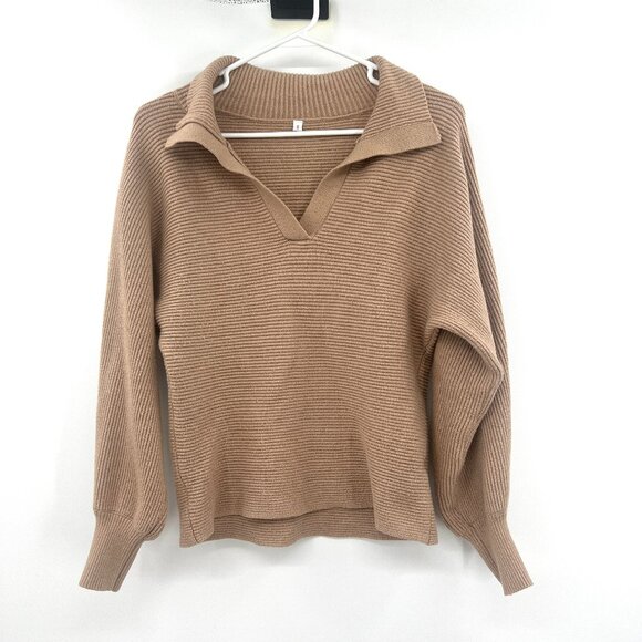 Beige Ribbed Collared Split Neck Sweater Women's Small - Picture 1 of 4